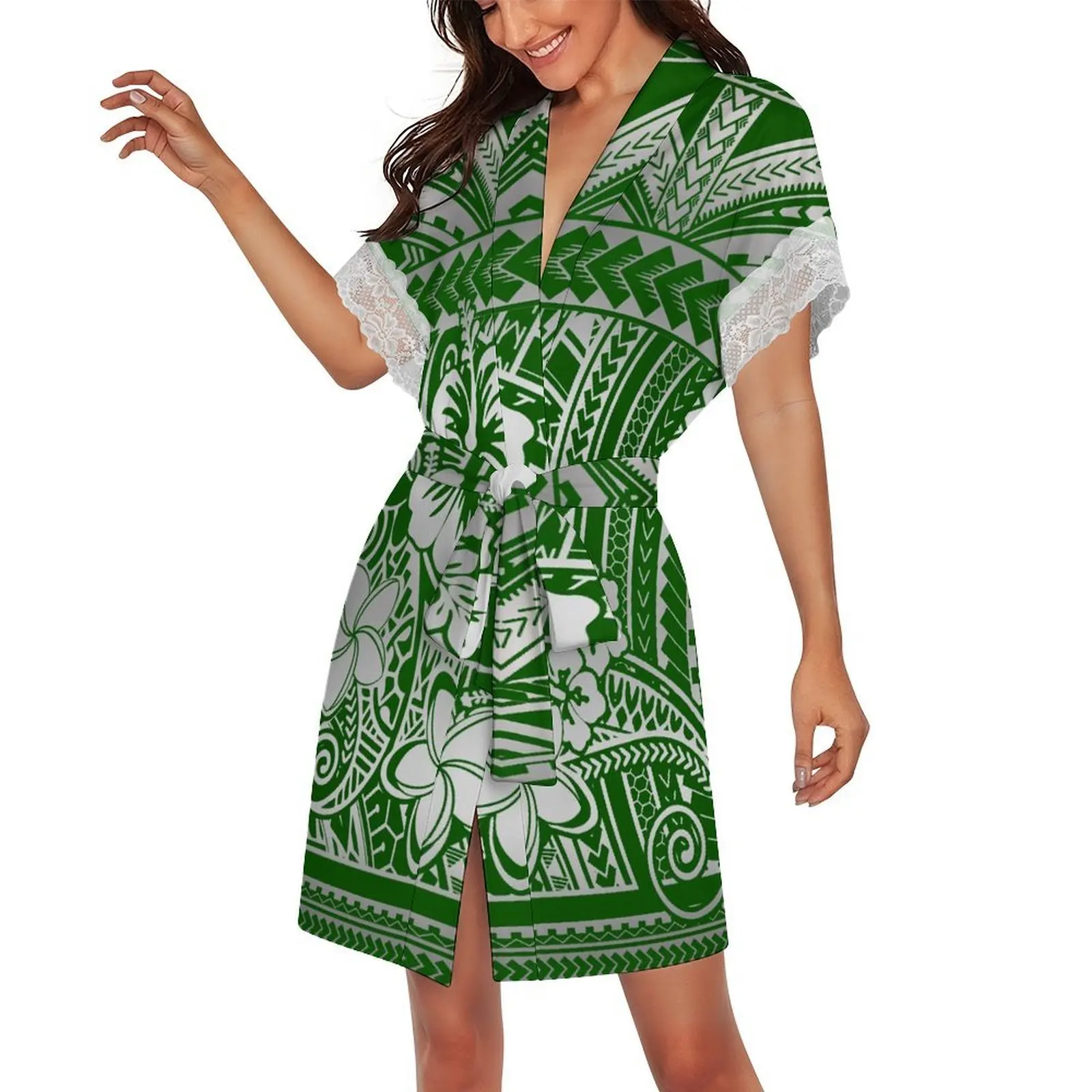 

Ночная сорочка-халат с этническим принтом в самоанском стиле, с V-образным вырезом, кружевной отделкой, короткими рукавами и поясом, для женщин, с возможностью индивидуального дизайна