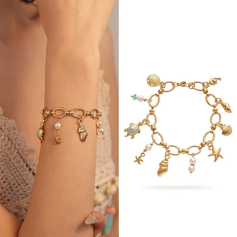 المحيط نجم البحر قذيفة محارة أساور ساحرة للنساء الذهب اللون سلسلة معدنية المينا أساور أساور البوهيمي معصمه مجوهرات