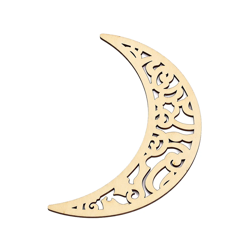 2pcs Hollow Wooden Wall Hanging Sign Crescent Moon Happy Eid Pendant for Ramadan Kareem Mubarak Muslim Party Ornament Decoration