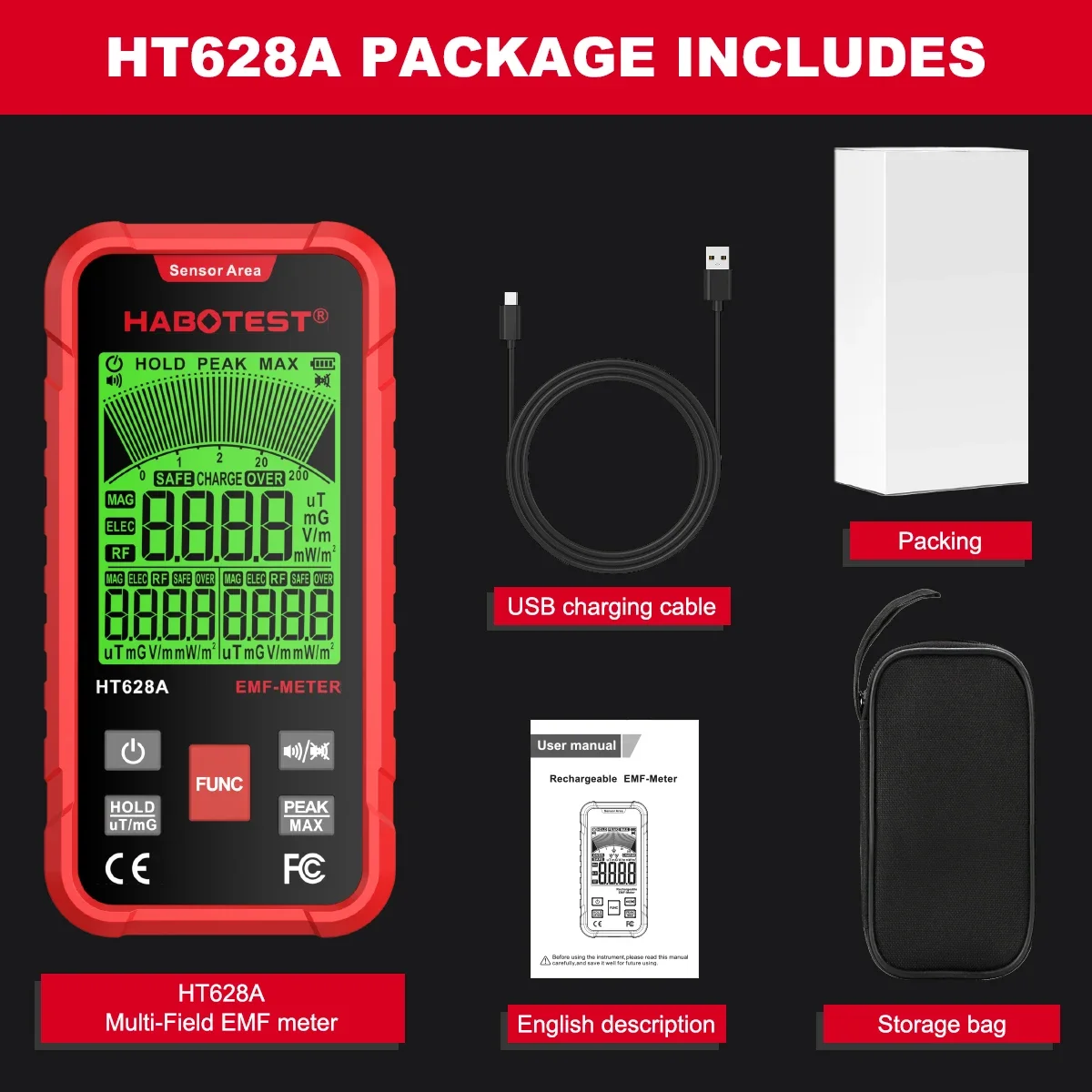 HABOTEST HT628 EMF متر اختبار الإشعاع الكهرومغناطيسي المجال الكهربائي المجال المغناطيسي RF كاشف تردد الراديو الإشعاع #6