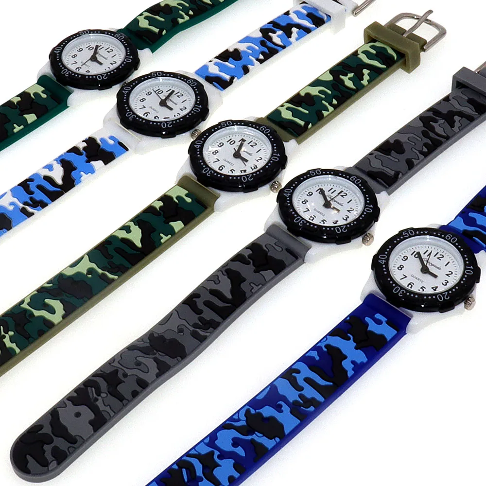 5Pcs Kids Camouflage Silicone Strap Quartz Watches Set Fashionable Waterproof Wristwatches