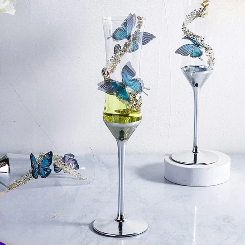 Creative Waist Champagne Glasses Crystal Glass Butterfly Rhinestone Wedding Toast Cup Pair Gift Box Set