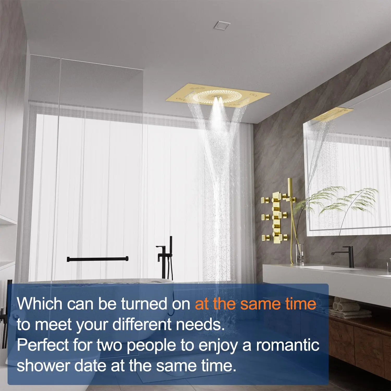 Luxury Brushed Gold 16x24inch Waterfall Mist Showerhead LED Multi Functions Full Body Thermostatic Shower System Set