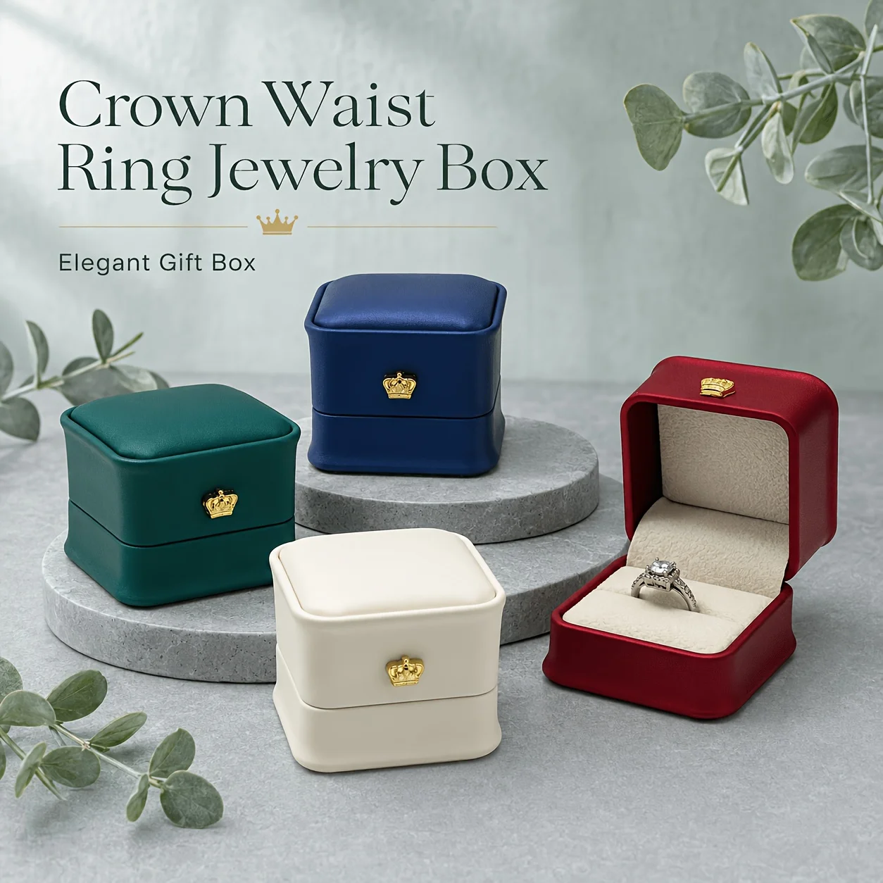 Wire-drawing PU Leather Crown Button Ring Storage Box Jewelry Packing Box Crown Buckle Ring Stud Jewelry Set Box