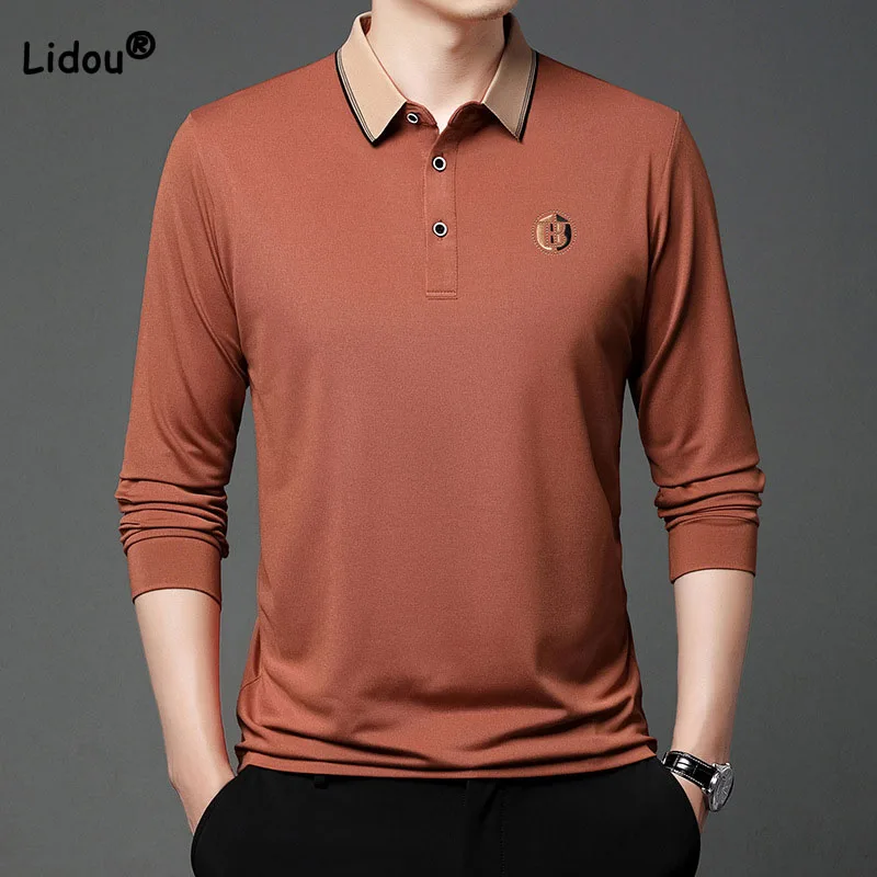 Autumn Casual All-match Men\'s Long Sleeve Polo-Neck Shirt Fashionable Embroidery Loose Solid Color Pullover Tops Male Clothes