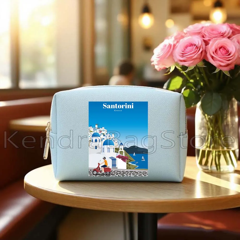Santorini Greece Tokyo Kyiv Milan Italy Rio De Janeiro San Diego Blue PU Leather Cosmetic Bags Makeup Waterproof Storage Bags