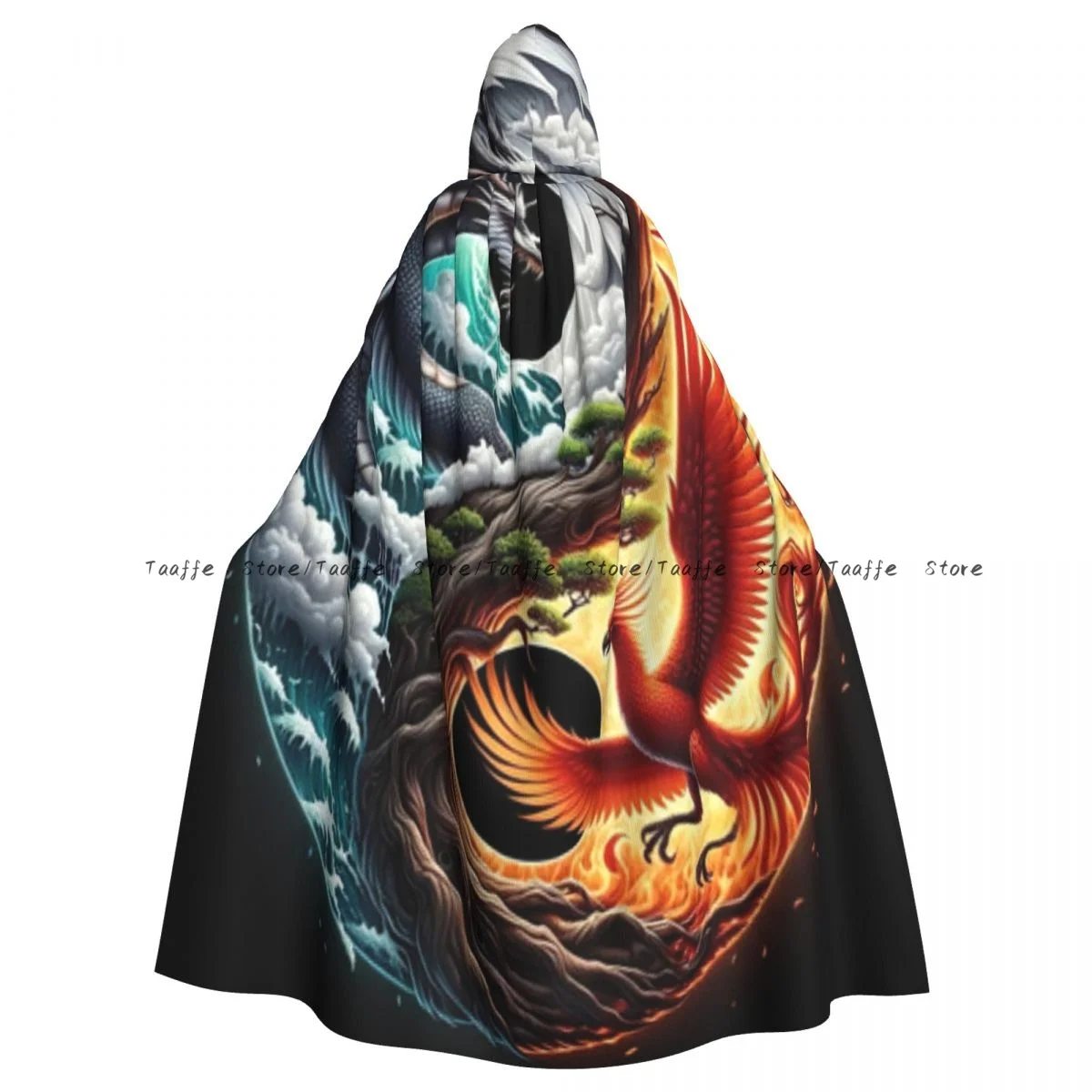 Medieval Halloween Cosplay Cloak Hooded Coat Dragon Phoenix Clouds Illustration Cape Coat Long Trench Costume Wizard Cloak