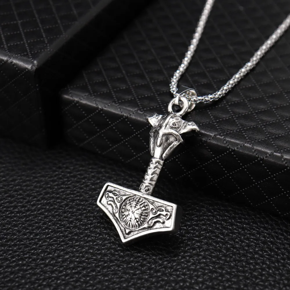 NORRON Viking Rune Celtic Wolf Hammer Pendant Necklace Hip Hop Personality Men Alloy Hammer Pendants Jewelry Fashion Accessory