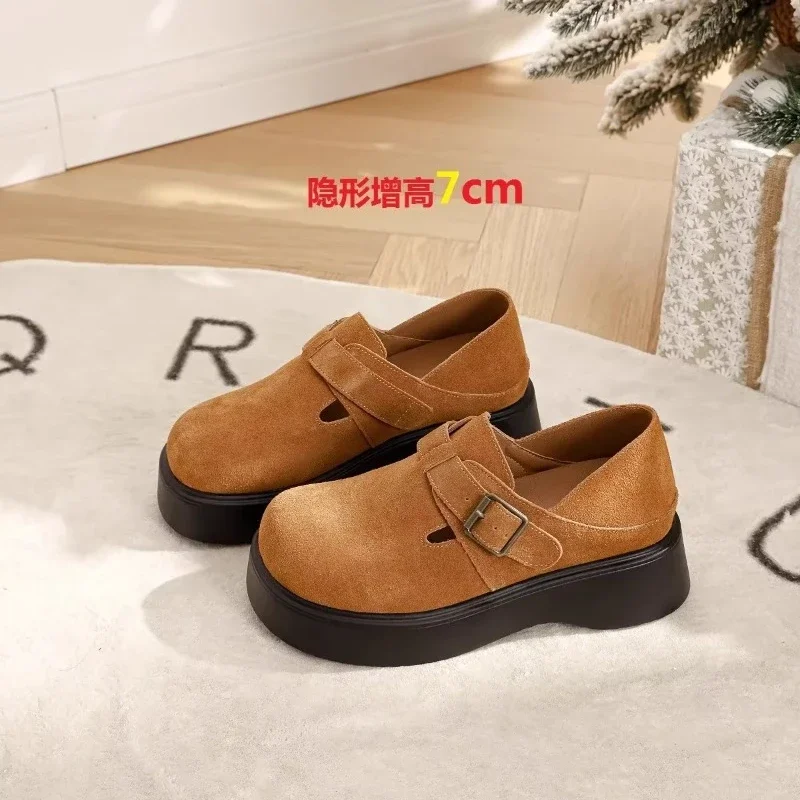 Fall Slope Heel Single Shoes Women's Fashion Round Head Shallow Mouth Suede Thick Soled Comfortable Mary Jane Shoes Workplace