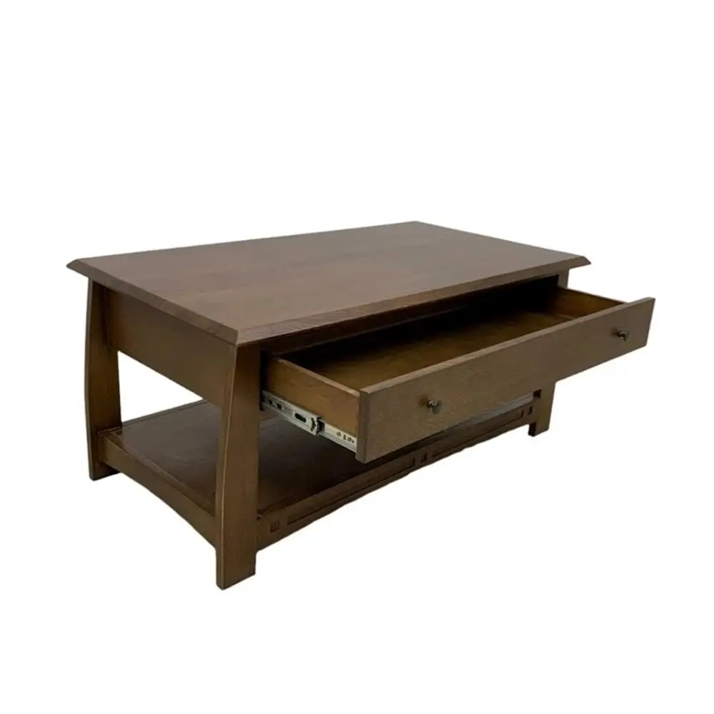 Mission Crofter Style Coffee Table, Solid Oak, Walnut Finish, 1 Drawer with Dovetail Front, Engraved Wood Detail, Metal Glides,