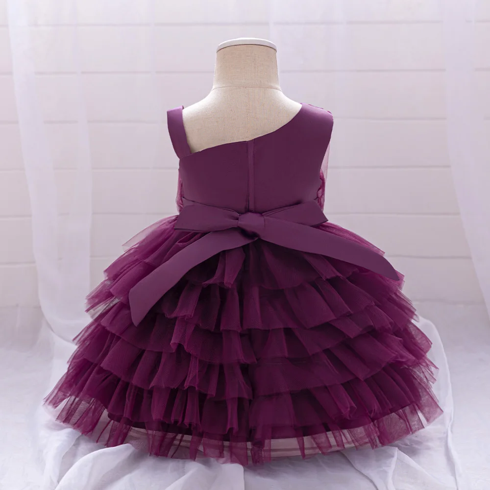 Elegant Purple Floral Wedding Princess Gown For Girl Baby Vintage Lace Birthday Dress Toddler Girls Bow Summer Fashion Dresses