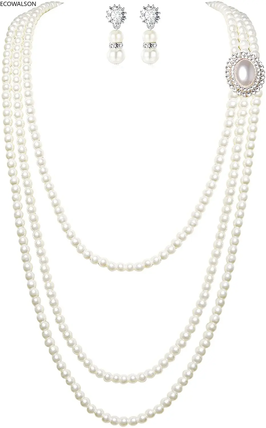 

1920s Gatsby Pearl Necklace Vintage Bridal Pearl Necklace Earrings Jewelry Set Multilayer Imitation Pearl Necklace with Brooch