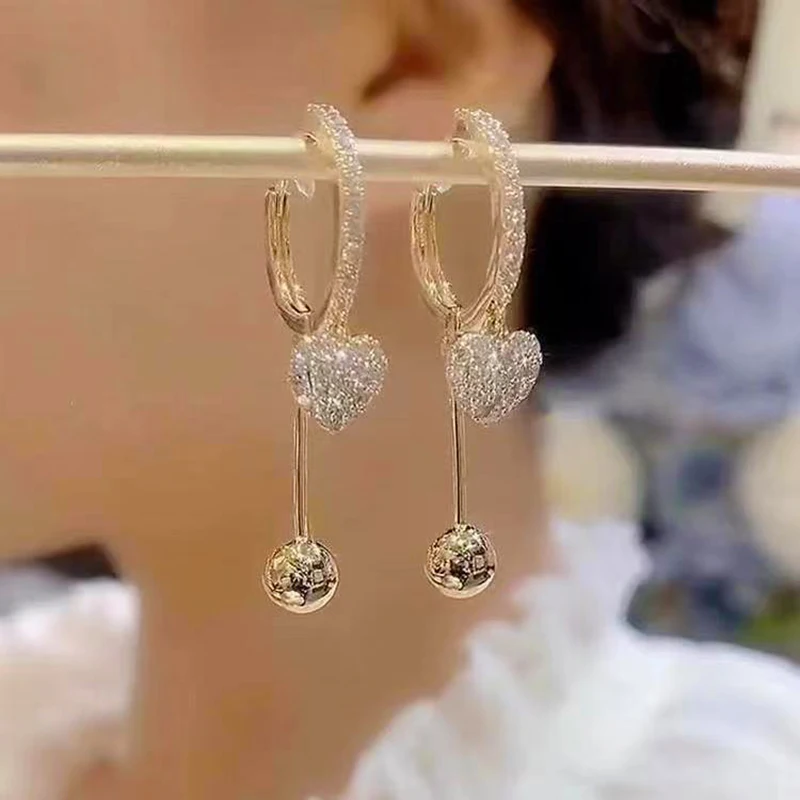 

New Crystal Zircon Love Small Circle Pendant Gold Color Earrings for Women Exquisite Light Luxury Ladies Wedding Premium Jewelry