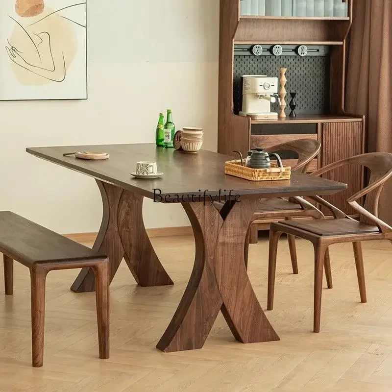 yj9  New black walnut dining table log eating table household dining table rectangle