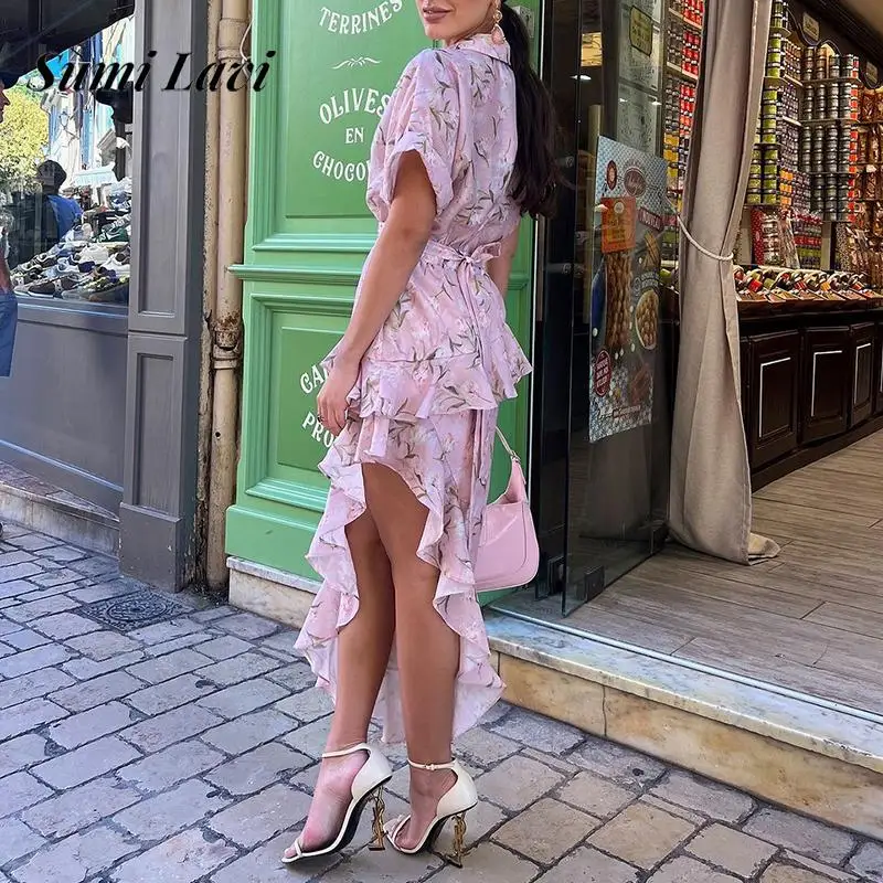 Abito da festa irregolare con bottoni alla moda da donna Elegante abito a camicia con volant con risvolto con stampa floreale Abito lungo casual a maniche corte con orlo sottile