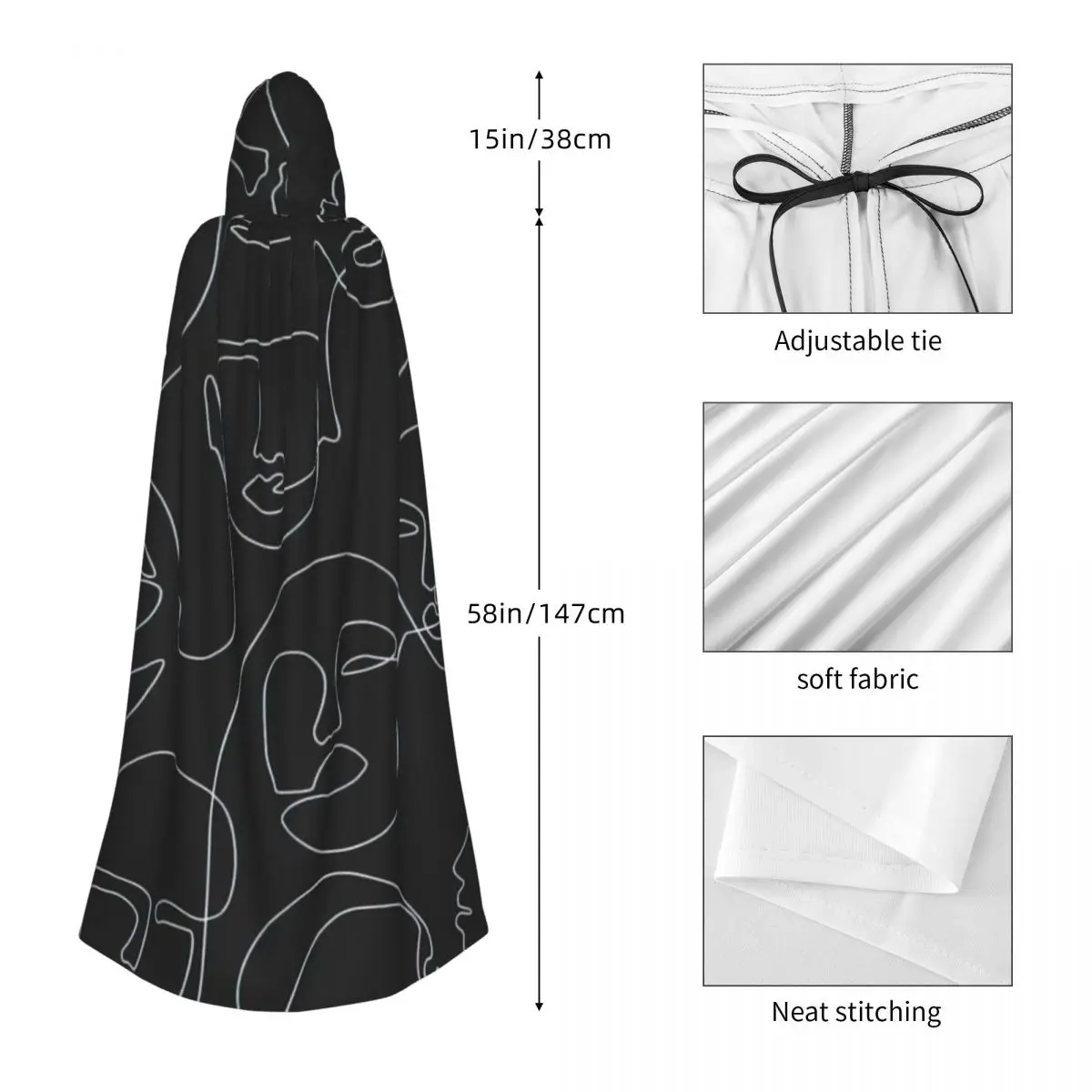 The People Line Art Hooded Cloak Halloween Party Cosplay Woman Men Adult Long Witchcraft Robe Hood