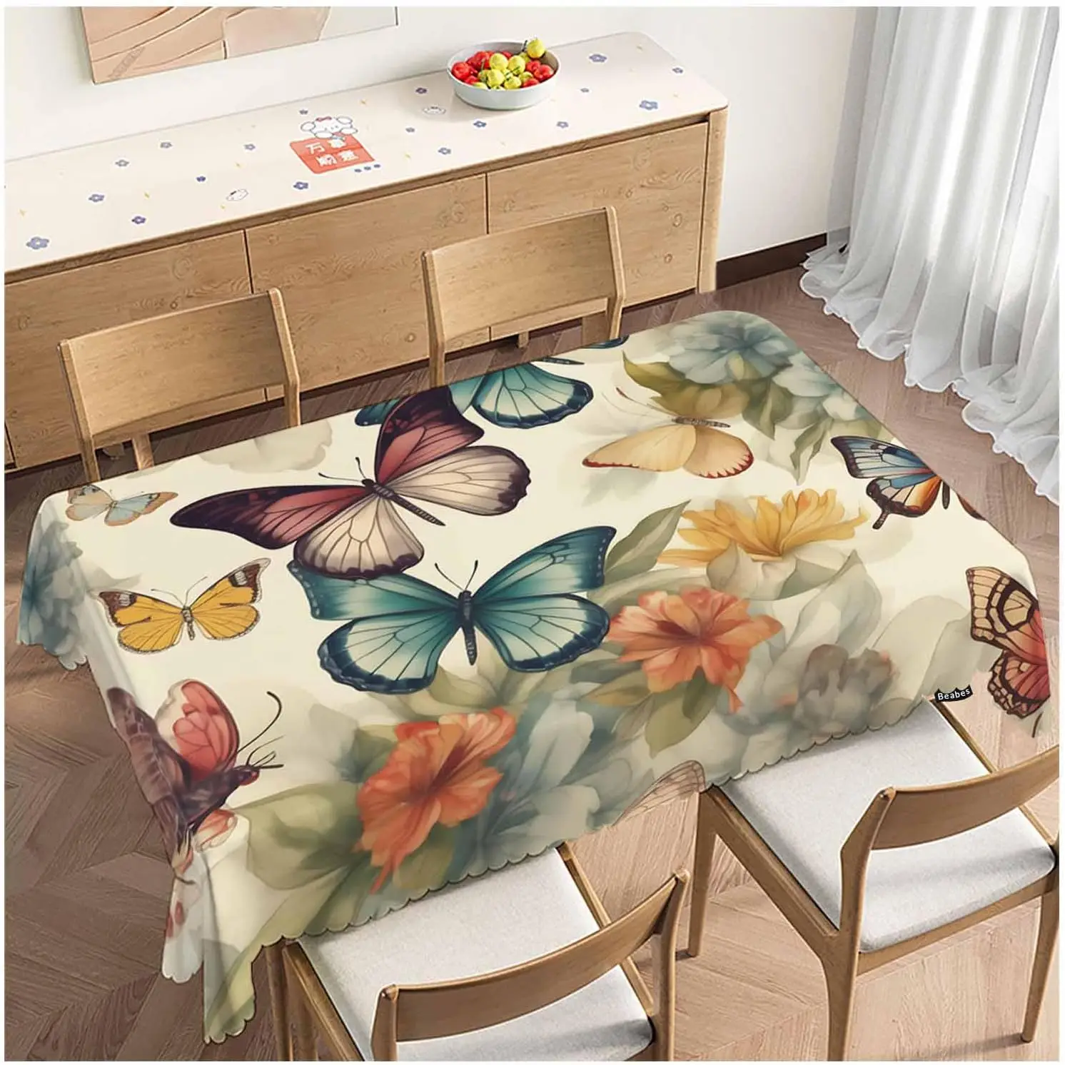 Large Butterfly Floral Tablecloth Runner Decorative Picnic Print Napkin Cloth Cover for Dining Room Buffet Table Centerpiece