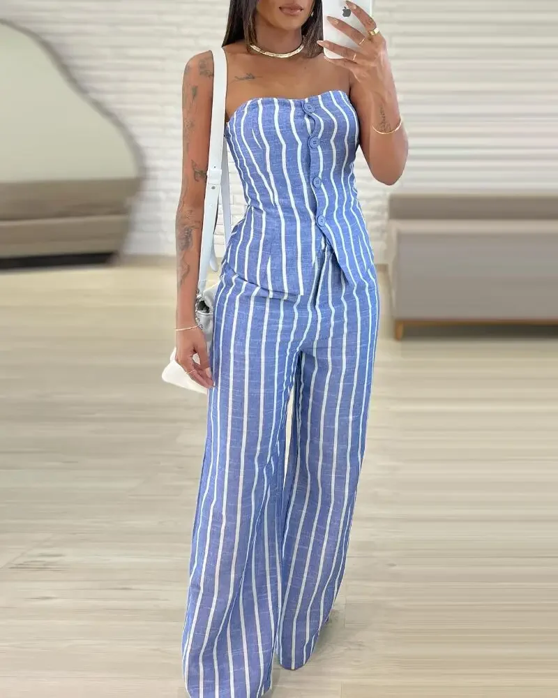 Casual Two-Piece Set Women Striped Print Bandeau Top with Button Front & Wide Leg Pant Sets Spring 2025 Outfits Loose Fit