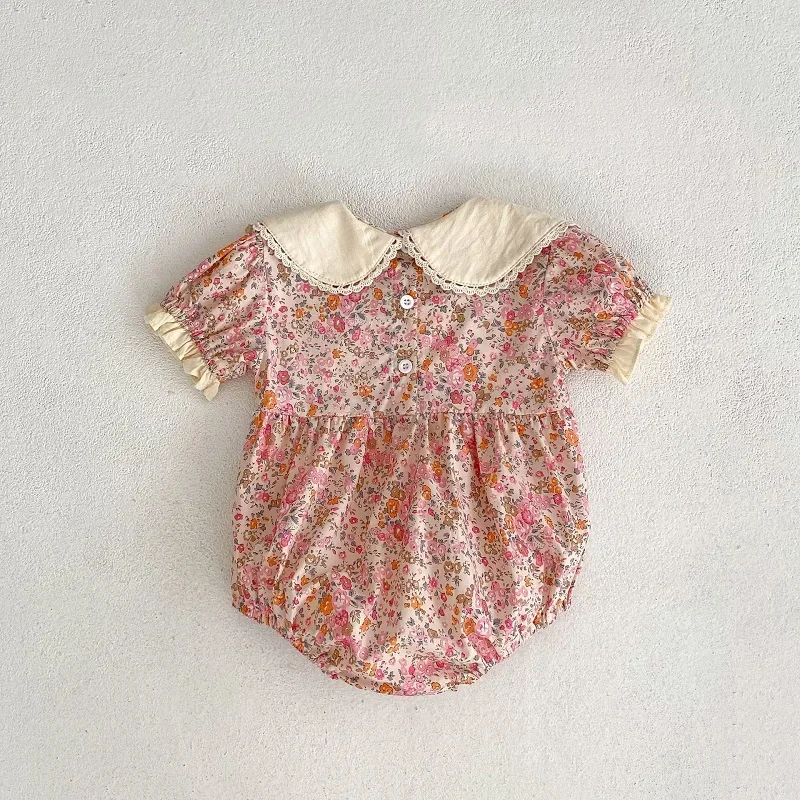 INS Baby Girl Romper 0-2Years Newborn Princess Short Sleeve Embroidered Collar Flower Bodysuit Cotton One-Pieces Summer Clothes