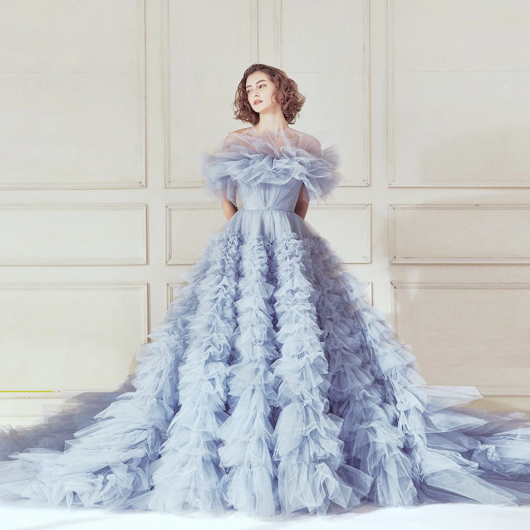 Light Sky Blue Ruffles Tulle Prom Dress Tulle A Line Girls Birthday Party Women Evening Gowns Sweep Train Photo Shoot  Dresses