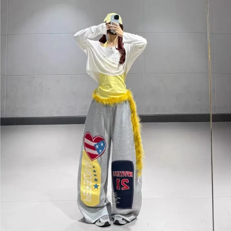 Hip-Hop-Streetwear-Hose für Damen mit USA-Herz-Buchstaben-Print, sommerliches, trendiges Design, Vintage-Stil, hohe Taille, weites Bein, lässige Hose zum Tanzen – Detail 1