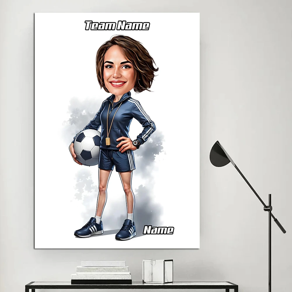 مخصص أنثى مدرب كرة القدم الكرتون صورة مضحك سيدة كاريكاتير صورة شخصية الجدار ملصق فني غرفة ديكور قماش طباعة