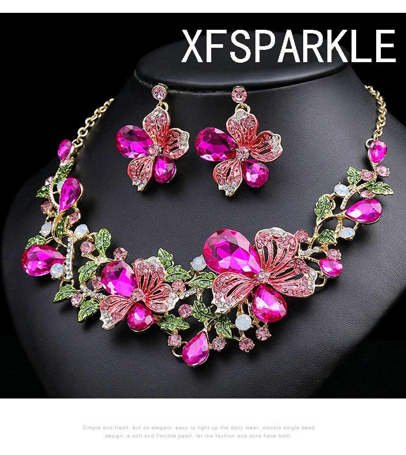 New Multicolored flower necklace set gorgeous bride necklace painted oil jewel clavicle chain