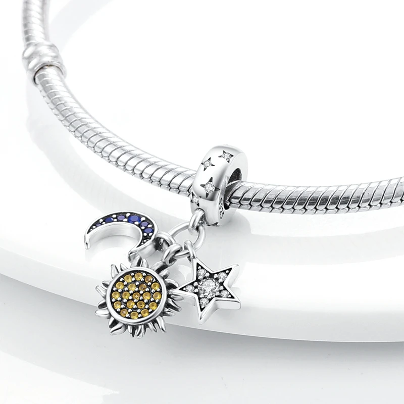 100% Real 925 Sterling Silver Star Sun Moon Pandent Charms Beads Jewellery Fit Original 925 Bracelet For Women DIY Gift Party