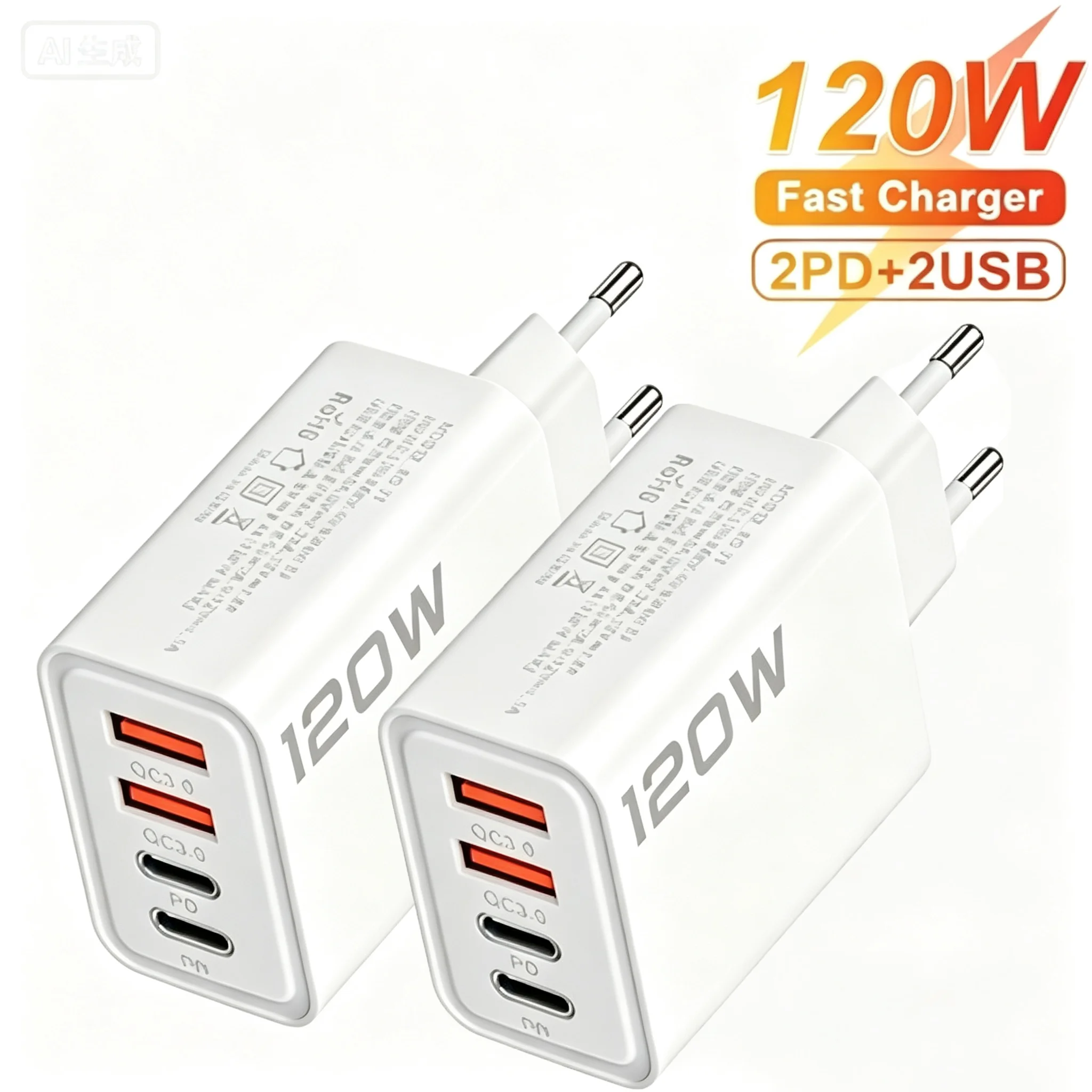 120W PD+USB Charger QC 3.0 EU Plug Phone Charger Adapter Type C Cable For iPhone Samsung Xiaomi Charging Wall Charger