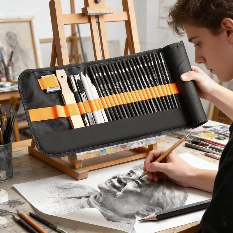 

Набор для рисования из 27/38/47 предметов с холщовой сумкой-ролл-ап, полный комплект художественных принадлежностей, включая угольные карандаши и ластик-клячка.