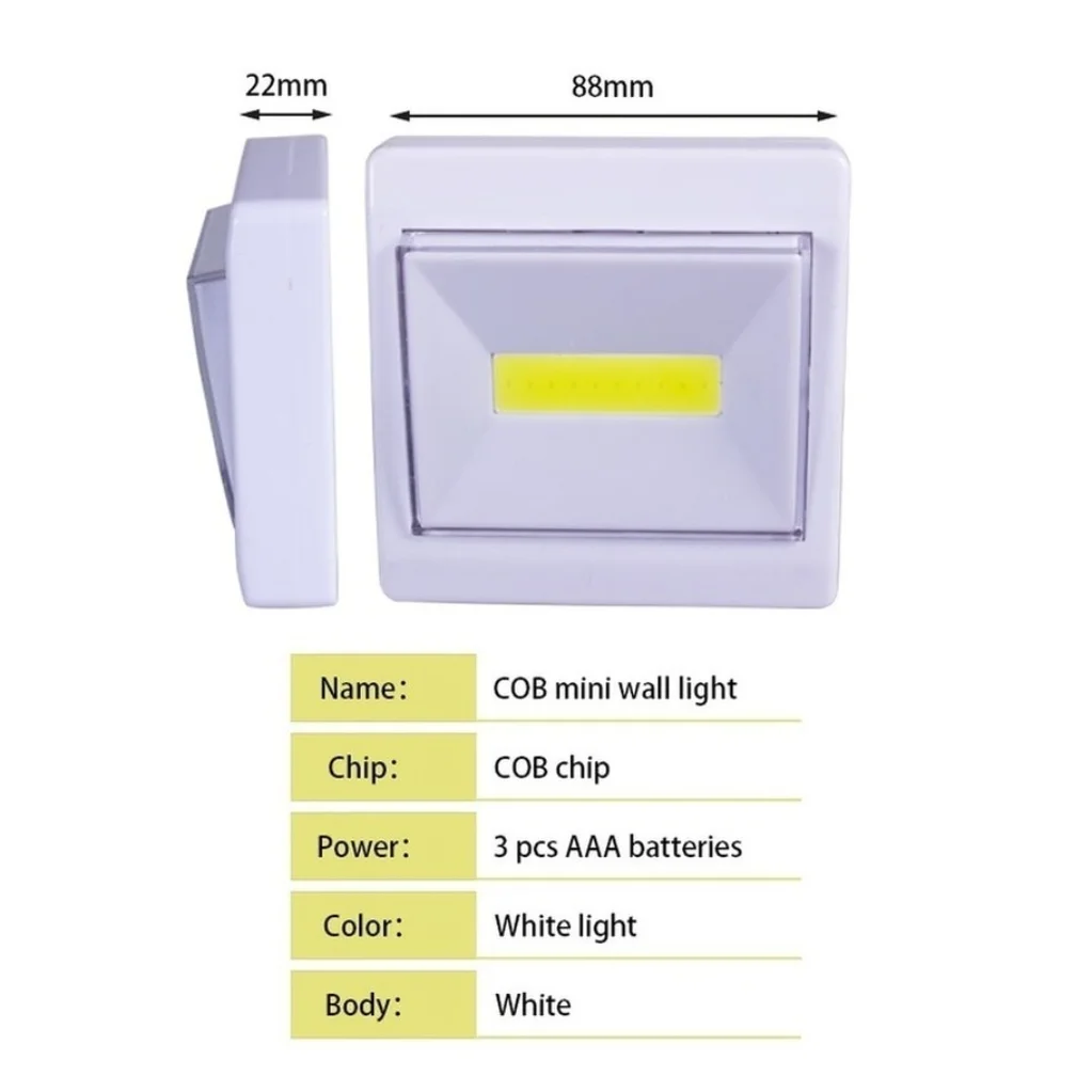 COB LED bateria operado luz noturna, interruptor sem fio, luz de parede com fita mágica, cozinha, escadas, garagem, armário, emergência