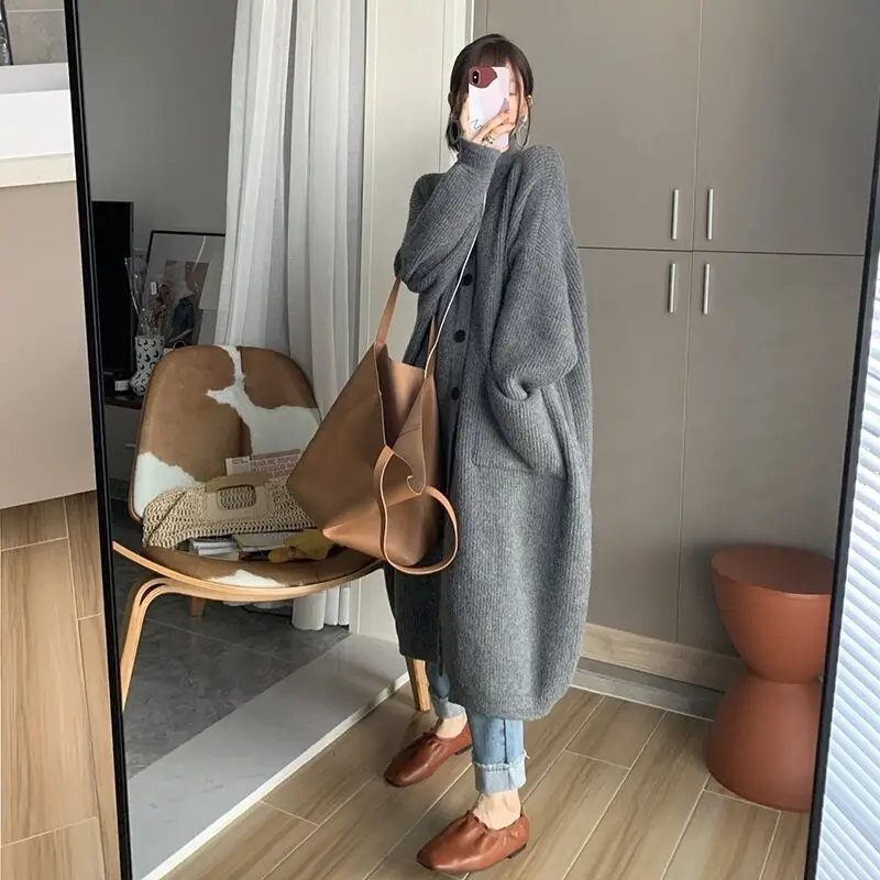 Vintage Thicken Warm Solid Winter Sweater Coat Loose Long Cardigan Women Korean Style Jacket Casual Knit Cardigans for Women