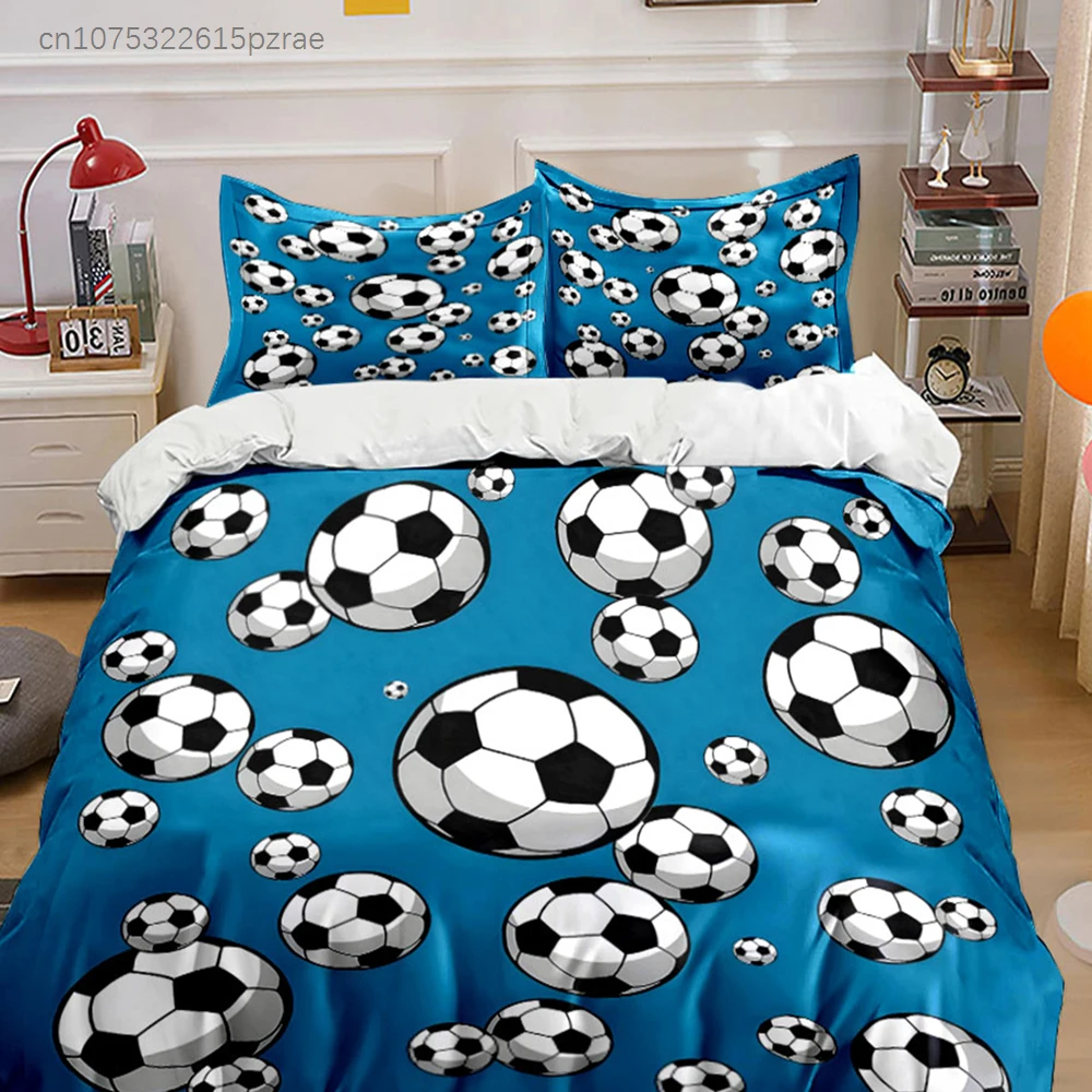Cartoon Soccer Ball On Blue Background 3PCS Bedding Set Soft Bedding Set For Football Fans & Kids Bedroom
