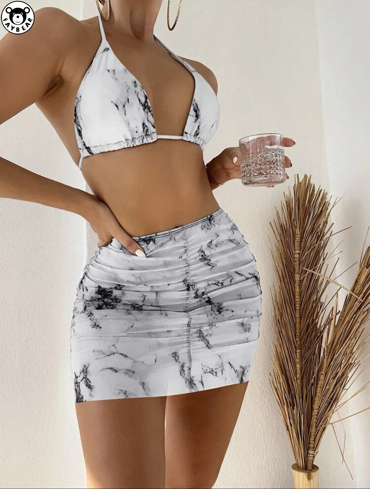 

2022 New Marble Print Mesh Three Piece Short Skirt Swimwear Bikini Swimwear Swiming Suit Women High Waisted Swimsuit Swim Suits