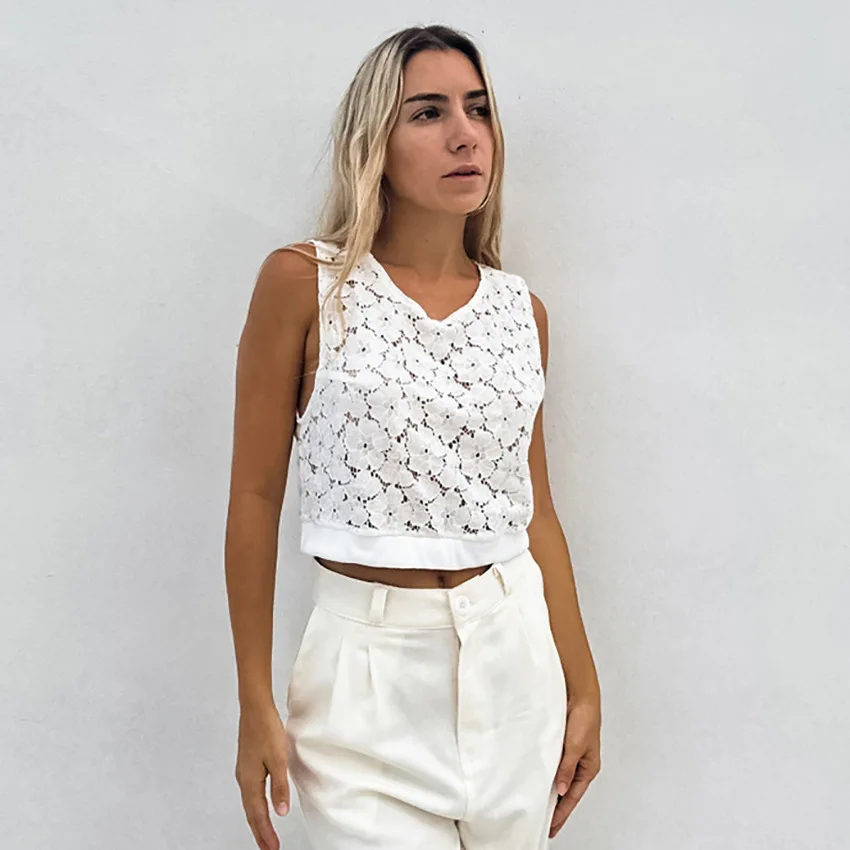

European and American new lace hollow jacquard short vest for spring/summer 2025 Fashion simple and casual commuting versatile