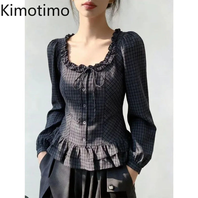Kimotimo Women Plaid Long Sleeve Shirt Vintage Ruffle Lace-up Slim Fit Button Blouses Autumn New Fashion Versatile Tops Camisas