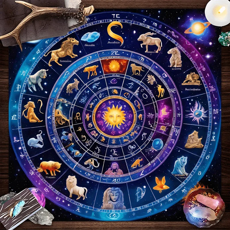 Celestial Zodiac Astrology Altar Cloth  12 Signs Polyester Mat,Tarot Table Cloth for Rituals, Decor & Spiritual Gifts