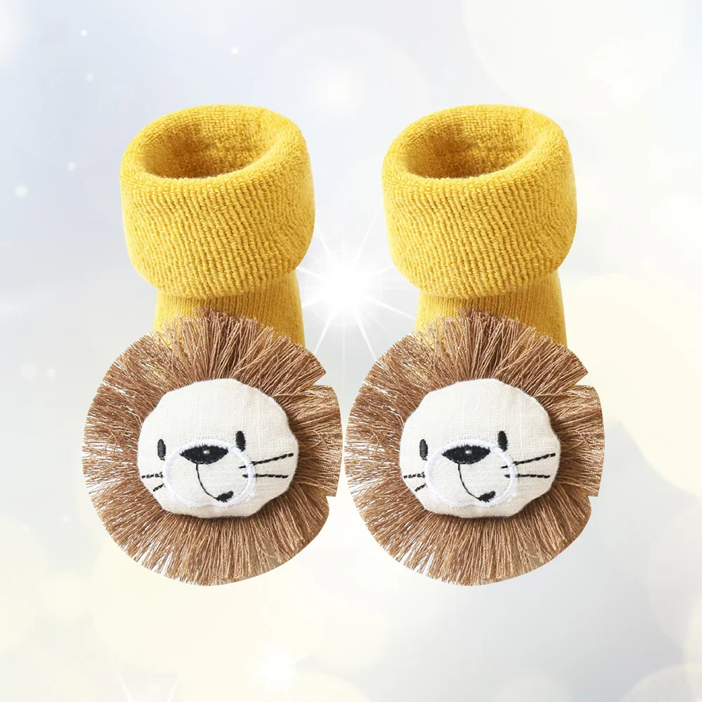

1 пара зимних утепленных носков для новорожденных, нескользящие детские напольные носки с милыми героями мультфильмов для детей, желтые лев 1-3 лет