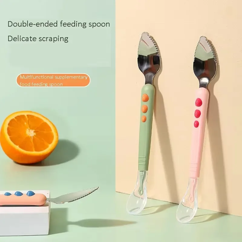 Baby Double Head Scraping Fruit Spoon Silicone Soft Baby Food Spoon Stainless Steel Double Head Puree Spoon For Children