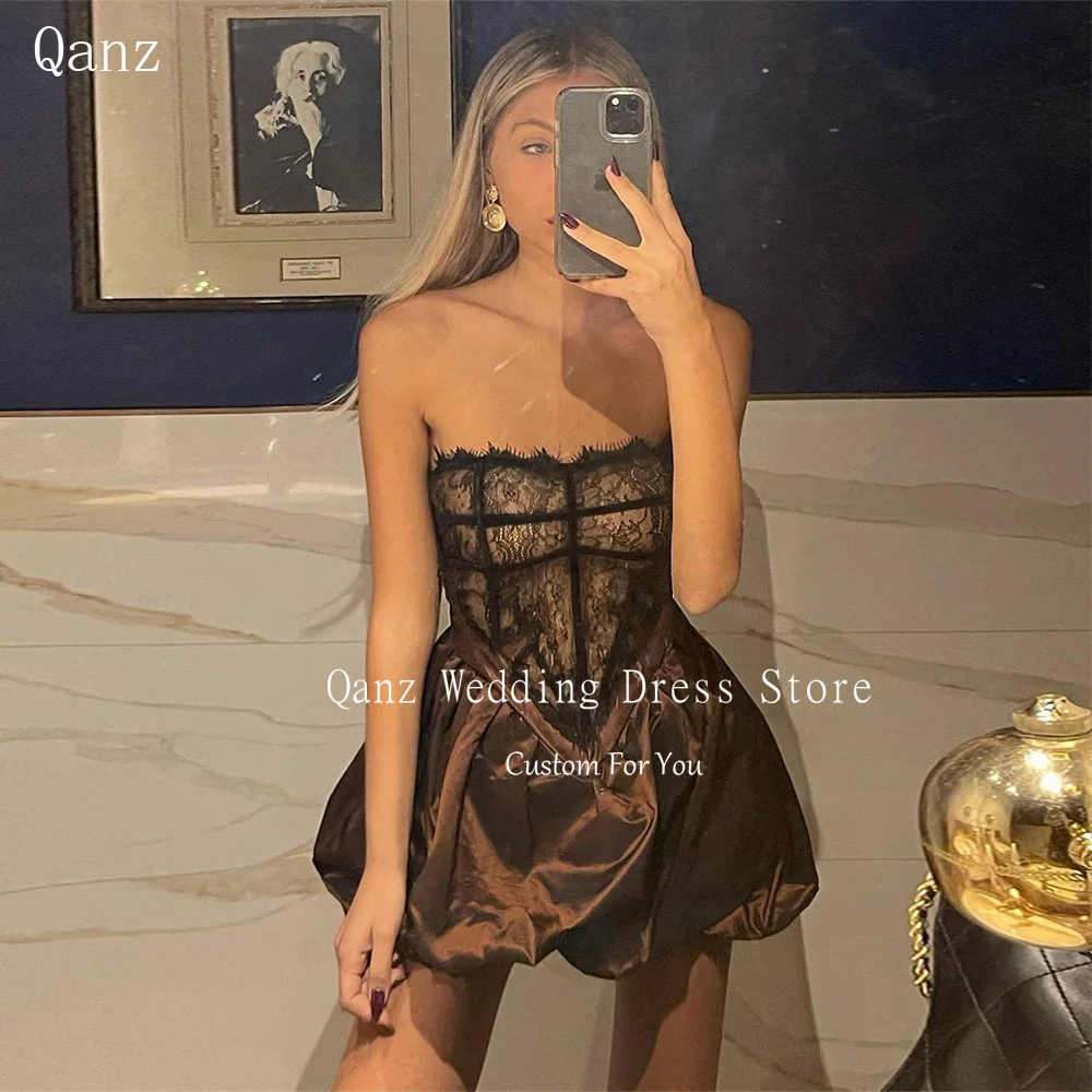 

Qanz Sexy Short Robes De Cocktail Strapless Satin Lace Up Back Fluffy Prom Dresses Mini Ruched Birthday Dresses Women Customized