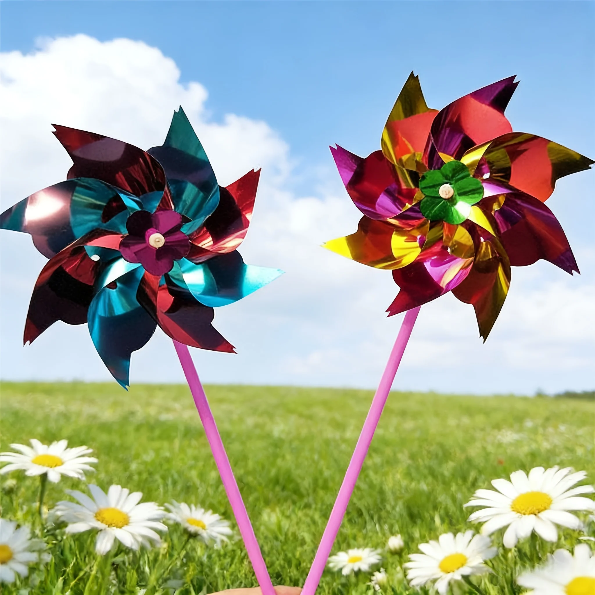 50 Stück Plastik-Laser-Glitzer-Windräder, Bunte Windmühlen für Gartendekoration, DIY Outdoor-Spinner für Gartenparty Rasendekoration – Detail 4