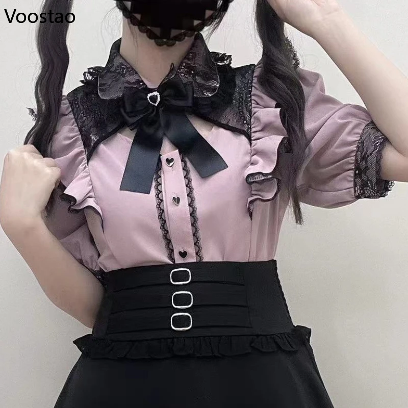 Japanese Gothic Lolita Shirts Y2k Aesthetic Women Harajuku Lace Bow Short Sleeve Blouses Clothes Girls Kawaii Punk Blusas Tops