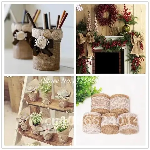 Jute Burlap Hessian Ribbon 2m with Lace Trim Tape Roll Vintage Rustic Christmas Wedding Decoration Craft DIY Gift Packing AA8032