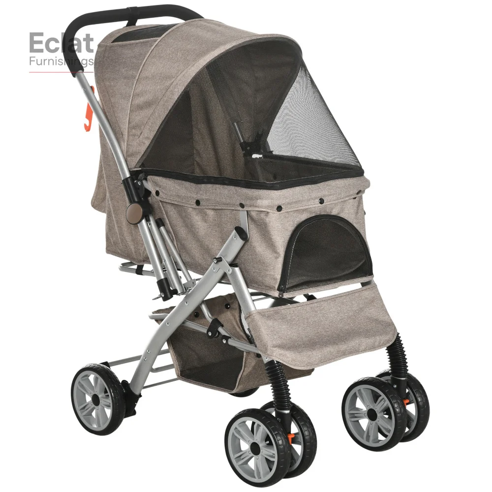 

4 WheelsOne-Click Fold Pet Stroller with Swivel Wheels,Brake,Basket Storage,Safety Belts, Adjustable Canopy,Zippered Mesh Window