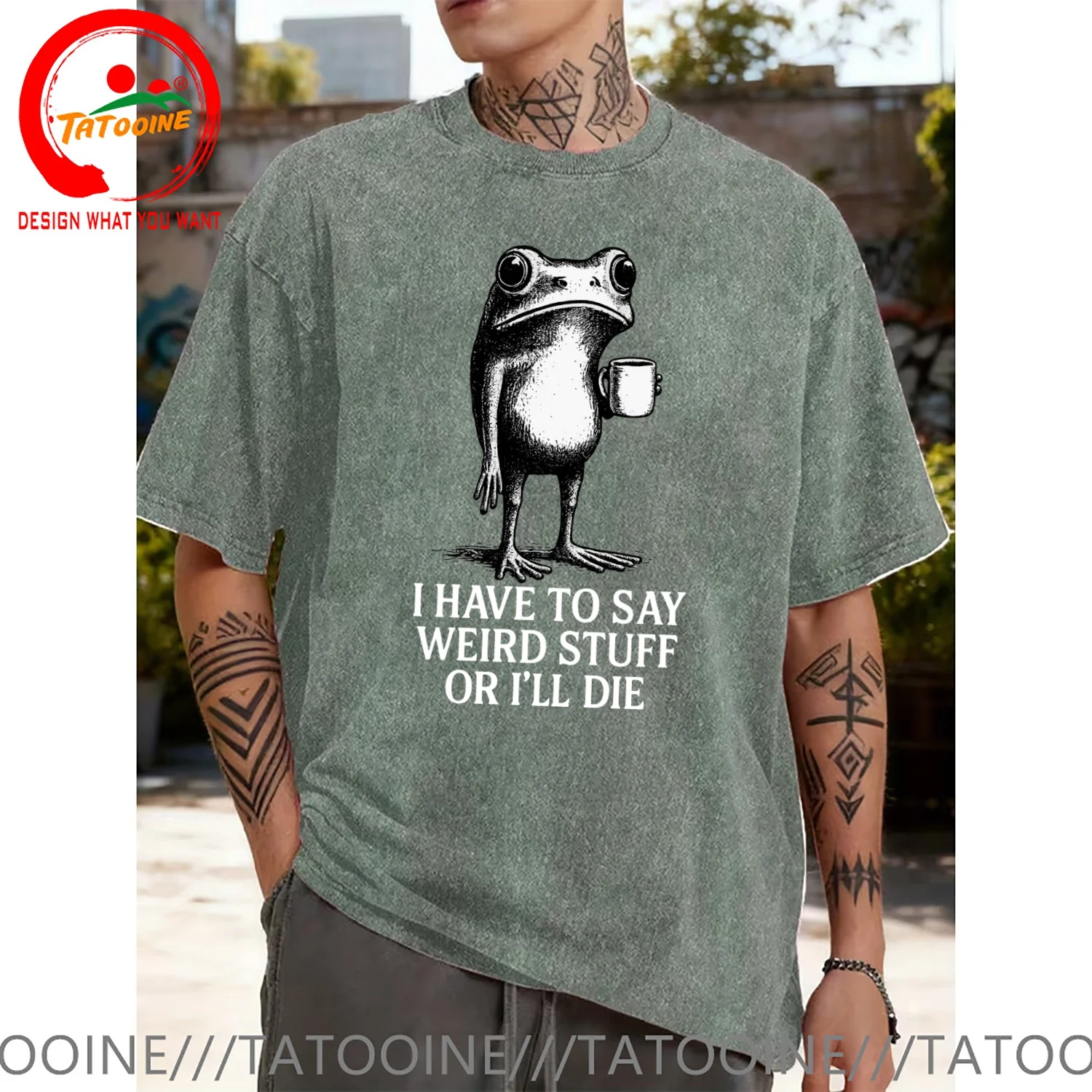 Funny Frog I Have To Say Weird Stuff Quote Vintage Illustration T Shirt Men Fashion Trendy Casual Clothing Stylish Tops