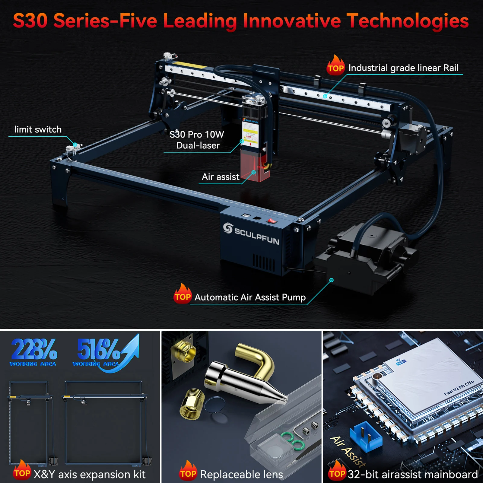 SCULPFUN S30 PRO Lasergravierer, integriertes automatisches Luftunterstützungssystem, 410 x 400 mm Arbeitsbereich, 10 W Lasergravur-Schneidemaschine