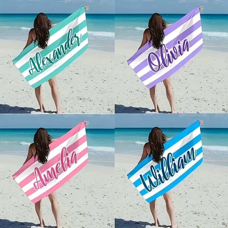 Toalla de playa personalizada a rayas con nombre/logotipo personalizado, toalla de microfibra fina de secado rápido absorbente para playa, natación, yoga, baño, deportes