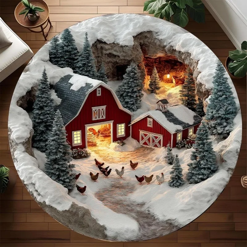 3D Snowy Farm Round Carpet Red Barn Pine Trees Snowy Ground Cave Design Mat Winter Country Indoor Home Decor Rug for Living Room