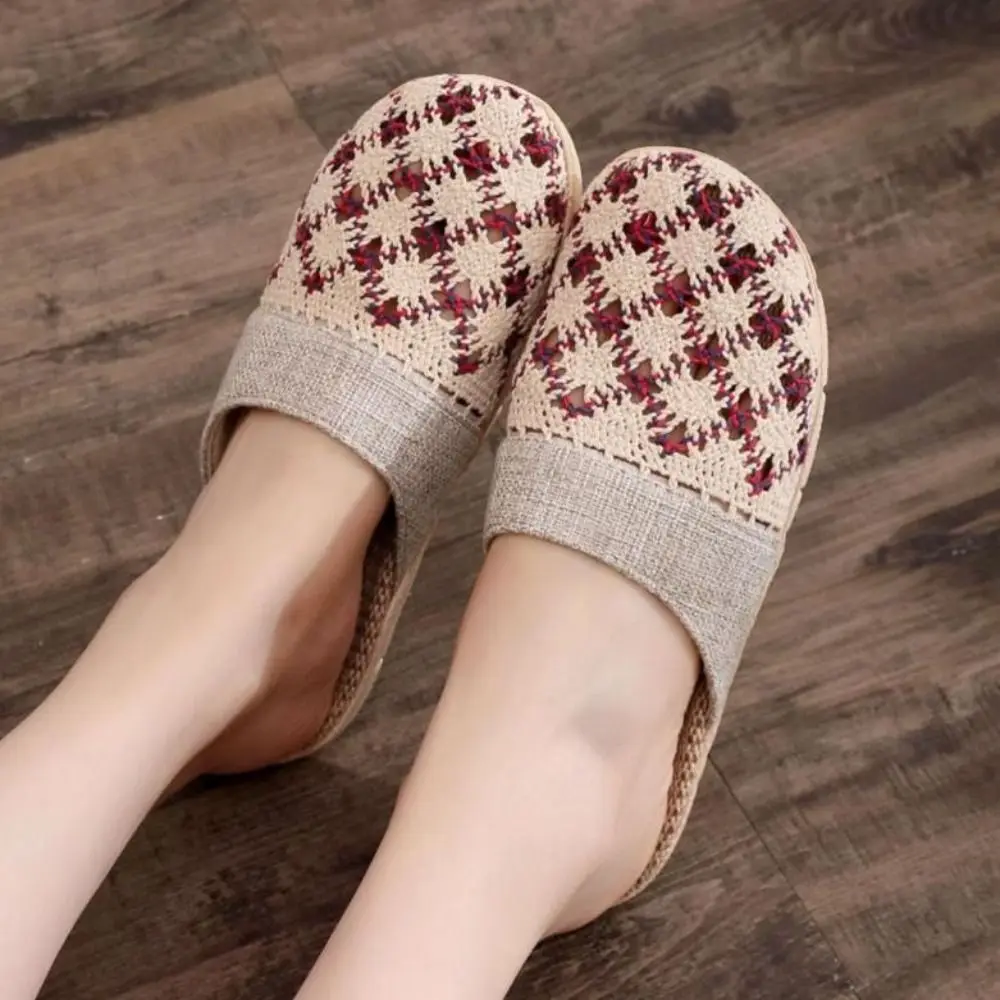 Cozy Hollow Out Flax Slippers Women Non-Slip Soft Sole Summer Slides Sandals Flowers Sweat Absorption Flat Slippers Women