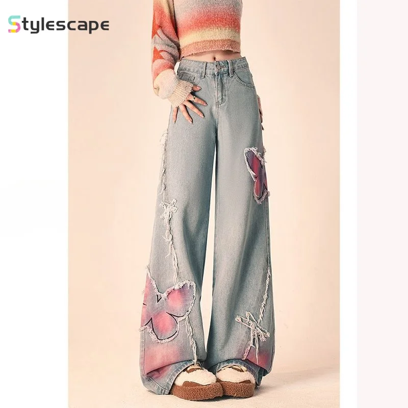 

American Tie Dyed Butterfly Embroidered Ragged Edge Jeans Women's High Street Design Loose Straight Leg Wide Leg Long Jeans